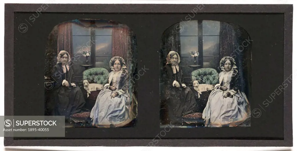 A hand-coloured stereoscopic daguerreotype of Mrs Antoine Claudet, with, probably, her mother-in-law, taken at the studio of Antoine Claudet (1797-186...