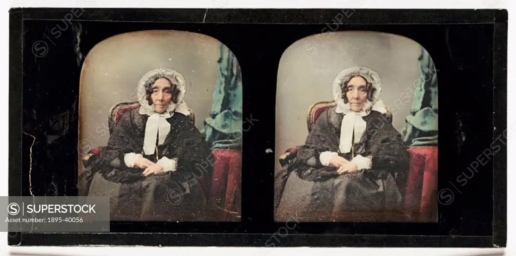 A hand-coloured stereoscopic daguerreotype of an elderly woman, taken at the studio of  Antoine Claudet (1797-1867). The woman is probably Claudet´s m...