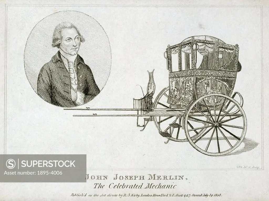 John Joseph Merlin, Belgian inventor and mechanic, c 1770.Engraving by G P H after his original drawing, showing a portrait of Merlin and an ornate tw...