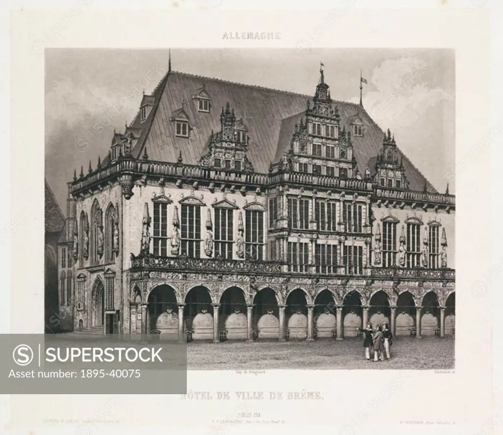 An engraving by Hurlimann from on an original daguerreotype of the Town Hall in Bremen, Germany, by Parisian optician N P Lerebours. Bremen´s Market S...