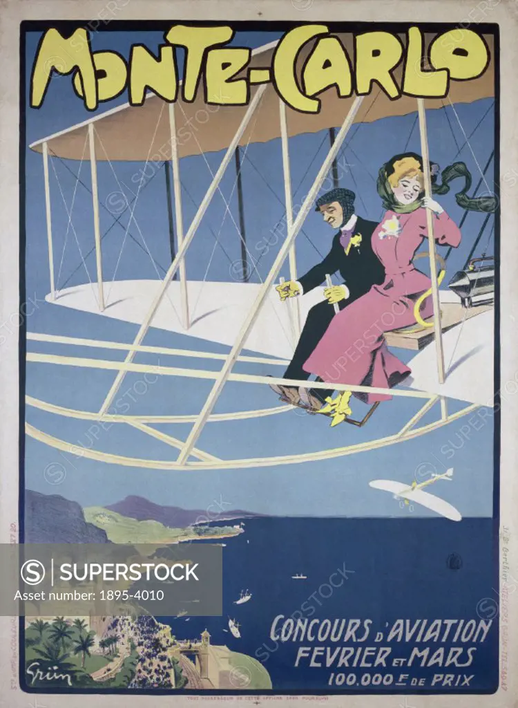 Chromolithograph poster by Grun advertising an early aviation meeting in Monte-Carlo, Monaco. The poster shows a man and woman flying above the coasta...