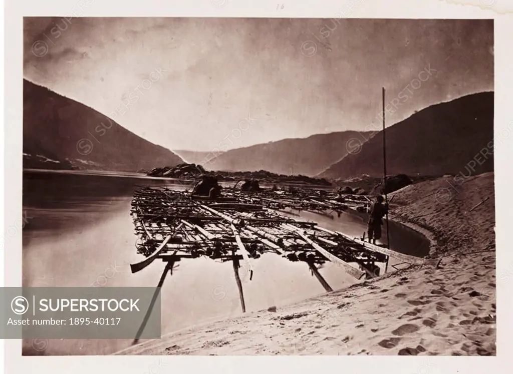 A photograph of rafts of timber being floated down the River Min in China, taken by John Thomson, published in 1873 in the book ´Foochow and the River...