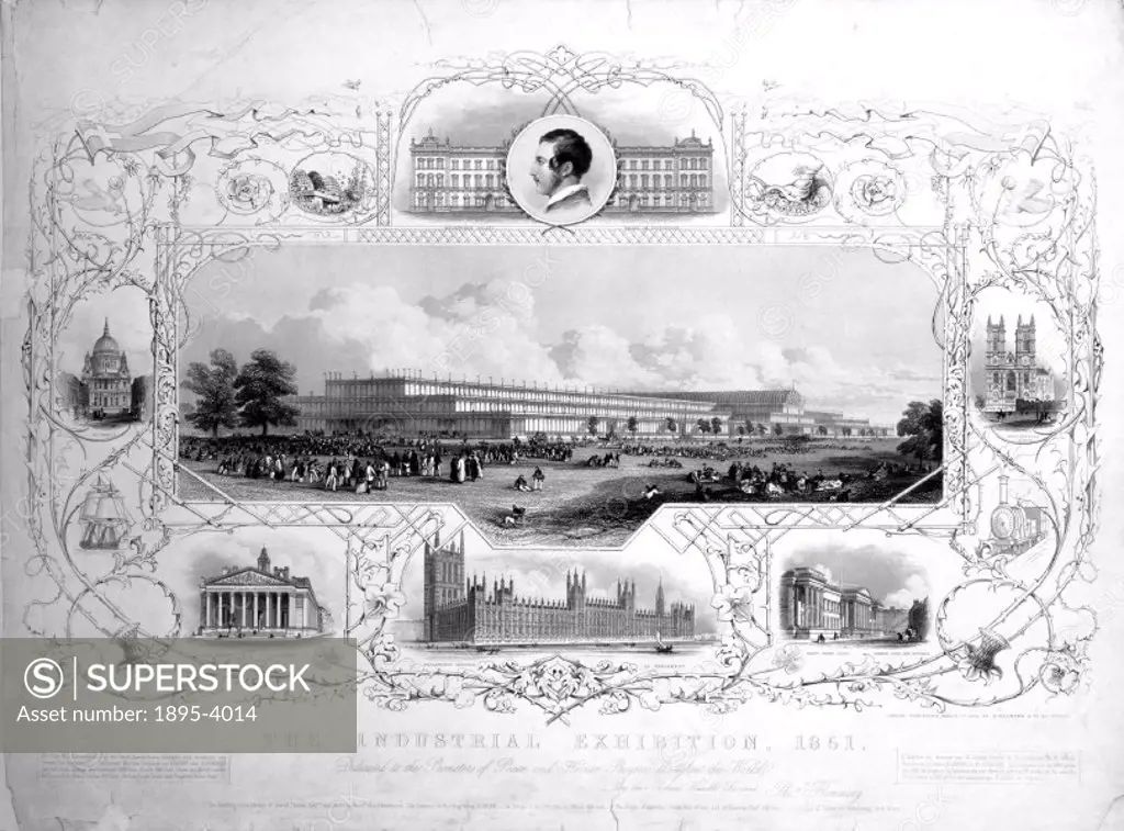 Engraving by Thomas Flemming, issued by Ackermann on 17 March 1851. Engraving of the Crystal Palace which features a portrait of Prince Albert (1819- ...