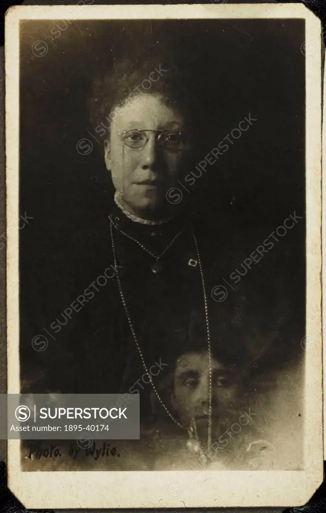 A photograph of Mrs Bentley, once the President of the British Spiritualists Lyceum Union, taken by Wylie. A superimposed image - that of Mrs Bentley´...