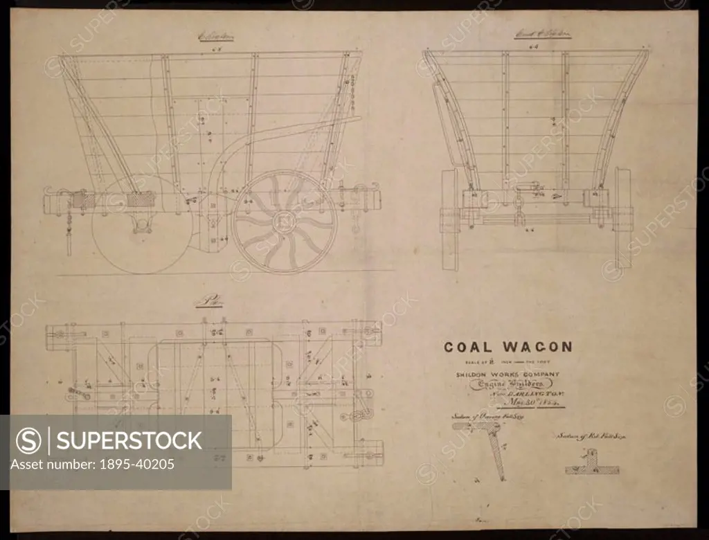 Technical drawing of a chaldron coal wagon built at Shildon, dated 30th May 1854. This distinctive chaldron wagon type was the mainstay of railways th...