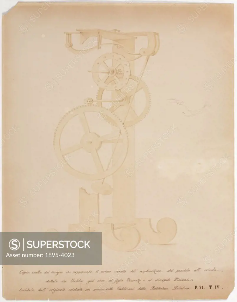 This is a copy of the drawing made in 1659 by Galileo´s friend and biographer, Viviani, of an incomplete design for a pendulum clock which Galileo mad...