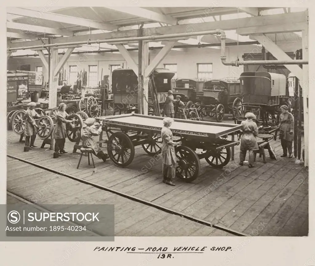 Women workers painting road vehicles at Doncaster carriage works. At this time there were fewer women working on the railways than men, and they were ...