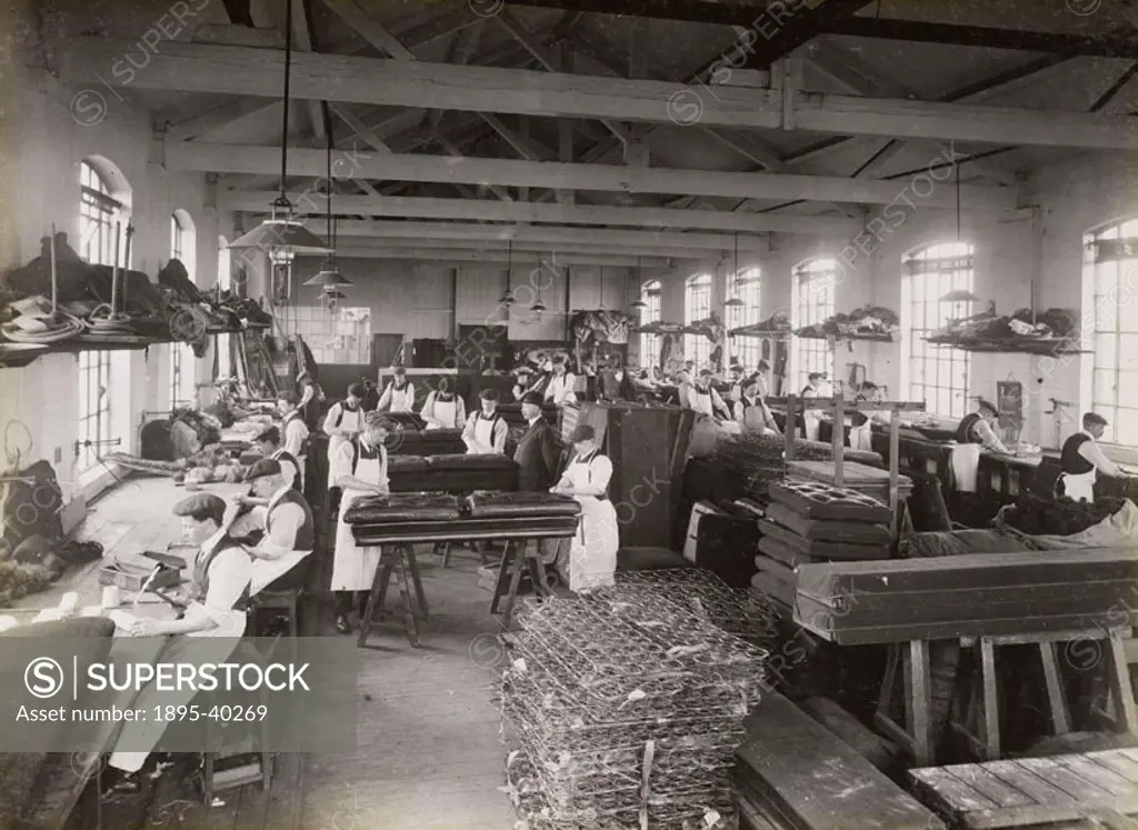 Workers manufacturing carriage seats at Doncaster Locomotive works. First class carriages had larger and more comfortable seats than second and third ...