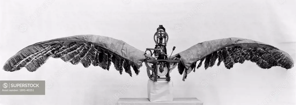 Edward P Frost´s early elaborate but unsuccessful ornithopter made with wings of willow, silk and feathers.