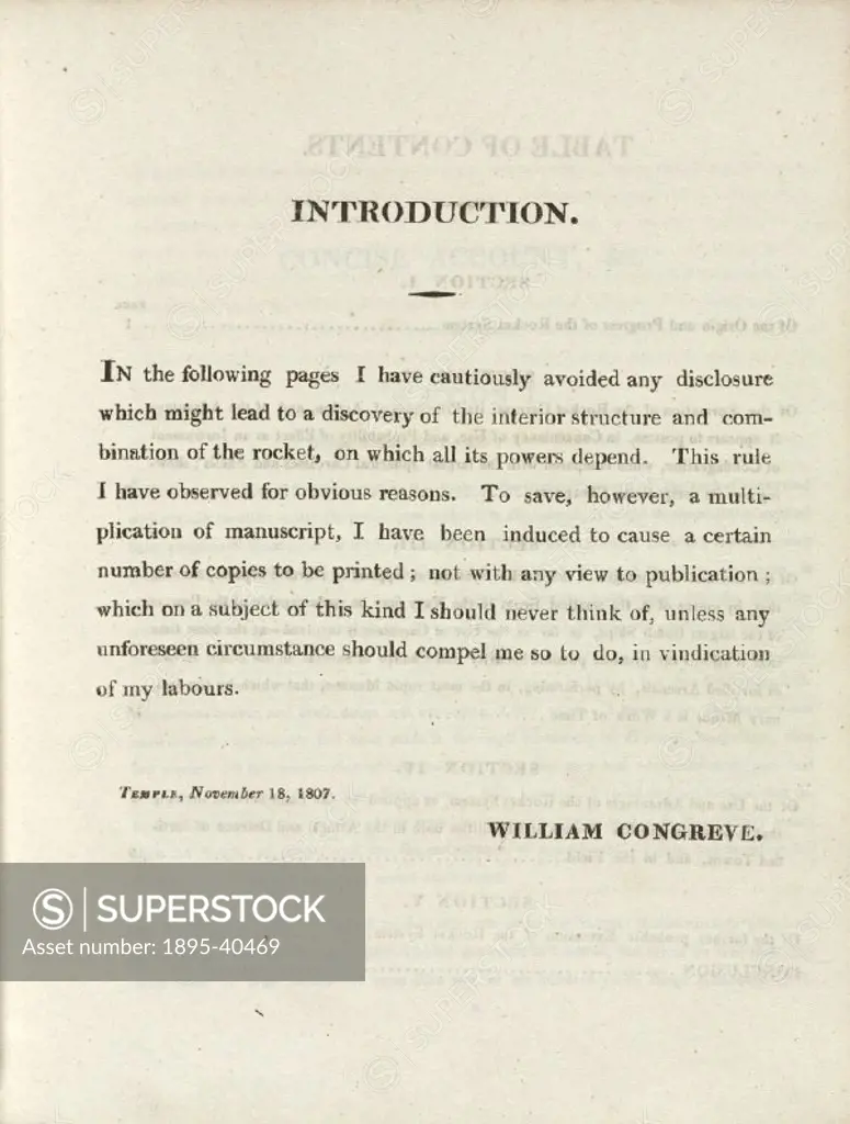 Introduction page of A Concise Account of the Origin and Progress of the Rocket System’ by Sir William Congreve (1772-1828), published in London in 1...