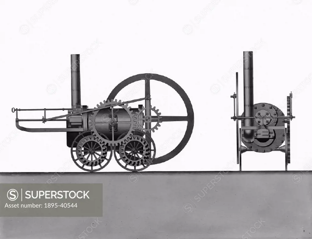 Side elevation drawing showing the locomotive, which was designed by the Cornish engineer Richard Trevithick (1771-1833) and built in 1803 and was the...