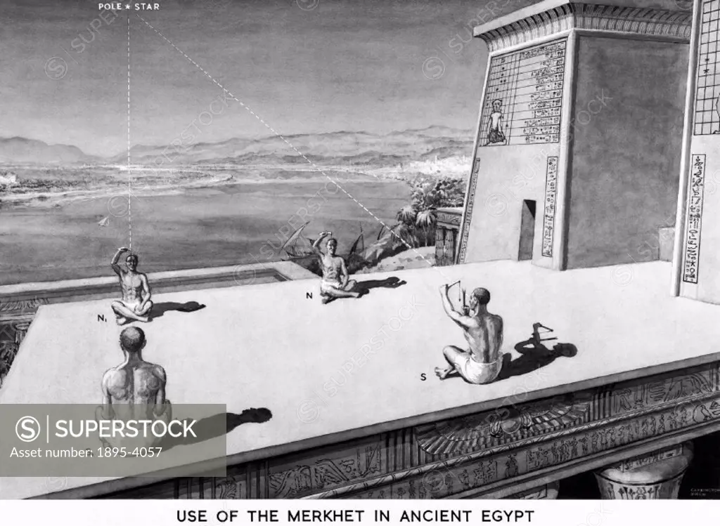 Merkhets, ancient Egypt. Painting demonstrating the use of a merkhet, an ancient Egyptian sighting instrument.