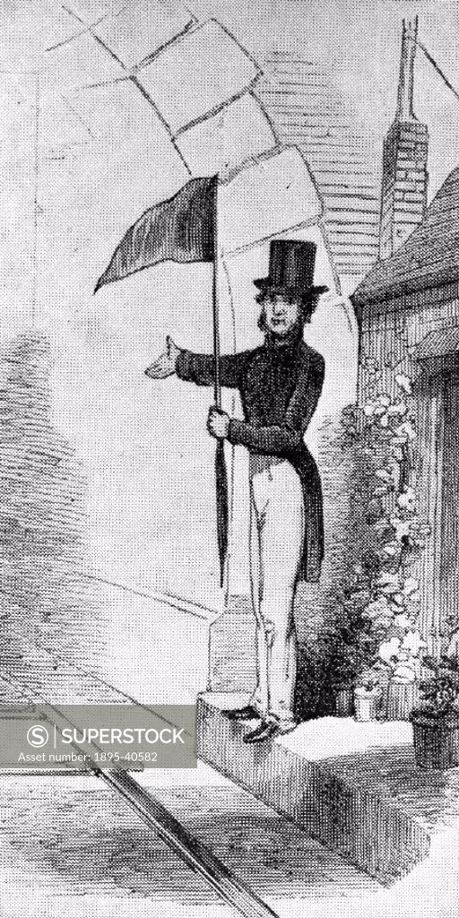 Late 1830s engraving of railway policeman as a signalman on the London & Brighton Railway.