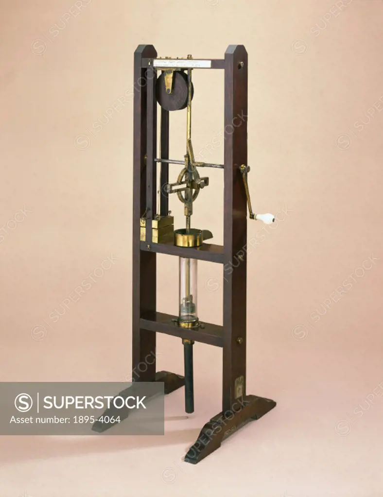 Model of a pump made by Jeremiah Sisson. This pump was used to lift water from a trough at the base to the spout at the top of the cylinder. The rotar...