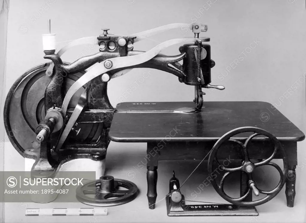 Lock stitch sewing machine and separate bobbin winder, made by Newton Wilson & Company to Thomass patent of 1853.