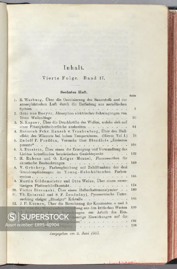 Contents page from volume 17 of the 4th series of Annalen der Physik’ (Annals of physics), published in Leipzig in 1905. This peridiocal, the main Ge...