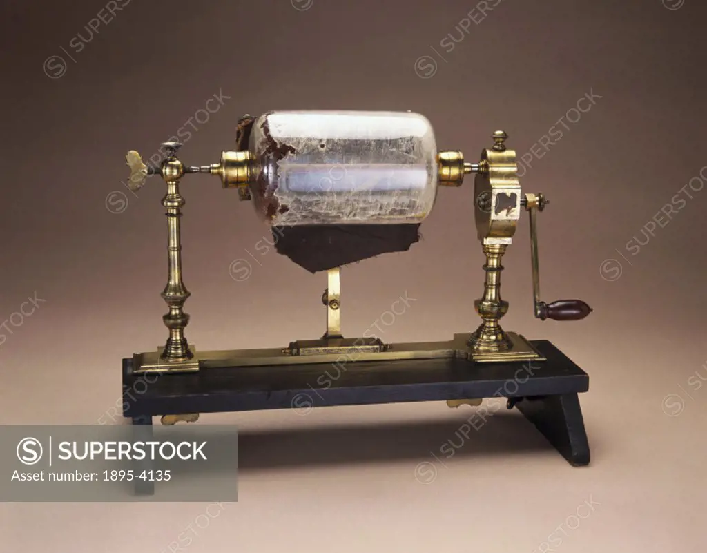 This electrical machine was made by George Adams, instrument maker to the king, for King George III. The stand was added later. The glass globe was tu...