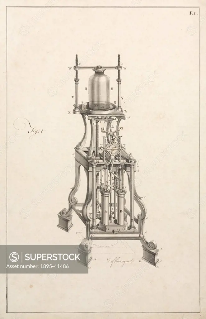 Drawing of the air pump made by George Adams for King George III, from the pneumatics manuscript, 1761.
