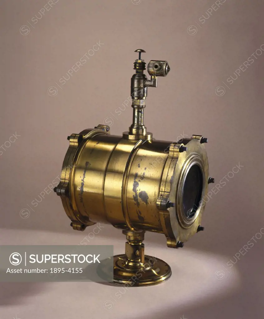 This condenser was used for demonstrations carried out in air at greater than atmospheric pressure. The body of the cylinder is made of brass, the two...