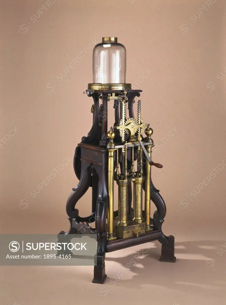 This air pump by George Adams, instrument maker to the king, is the centrepiece of the pneumatics apparatus commissioned by George III in 1761. The ar...