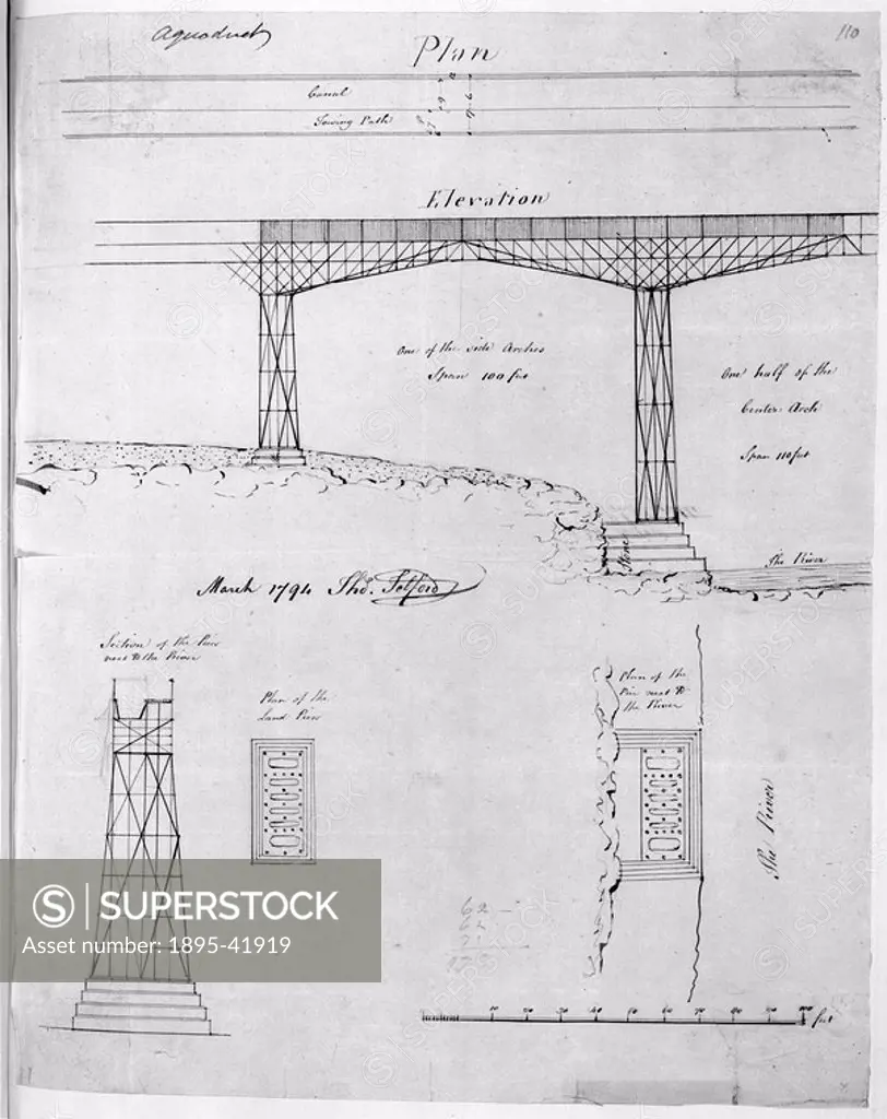 Iron trough aqueduct, 1794.Design for an aqueduct by Thomas Telford. Pontcysyllte Aqueduct, also known as Llangollen Aqueduct was designed by the civi...