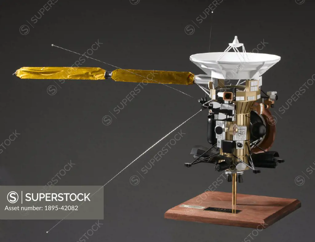 Model (scale 1:25) of the unmanned NASA spacecraft designed to send information back from Saturn and its satellites. The spacecraft uses a variety of ...