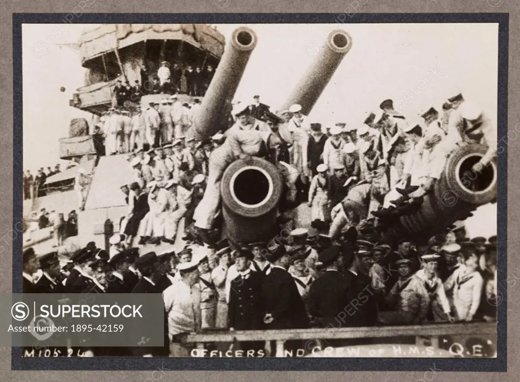 A photograph of sailors on the battleship HMS Queen Elizabeth,  taken by an unknown photographer in about 1916. This photograph is from an album entit...