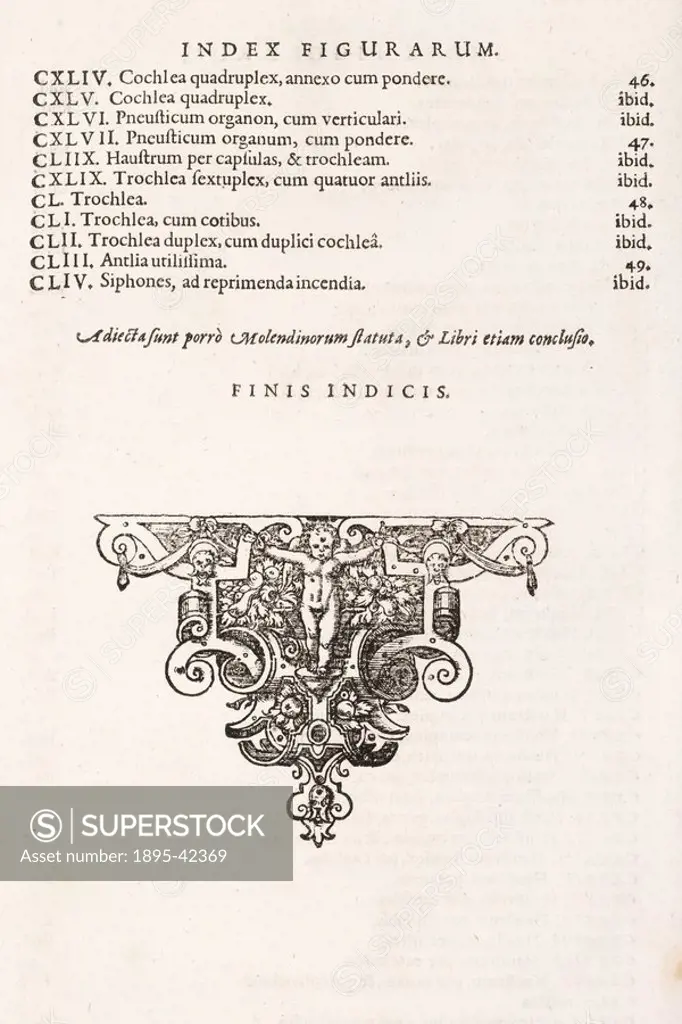 Page, in Latin, from Georg Andreas Bockler´s ´Theatrum Machinarum Novum´, a work on mechanical engineering, published in Nuremberg in 1662  Bockler ac...
