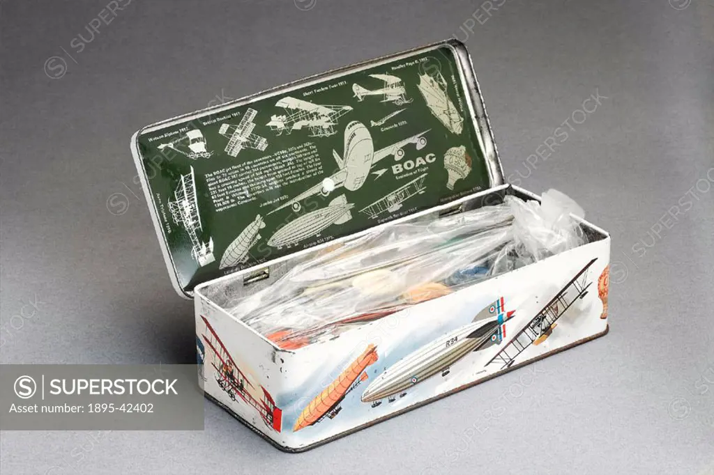 Tin box illustrated with 12 colour pictures of flying machines, including the 747 jumbo jet, the R34 Airship, the Lebaudy Dirigible and biplanes. The ...