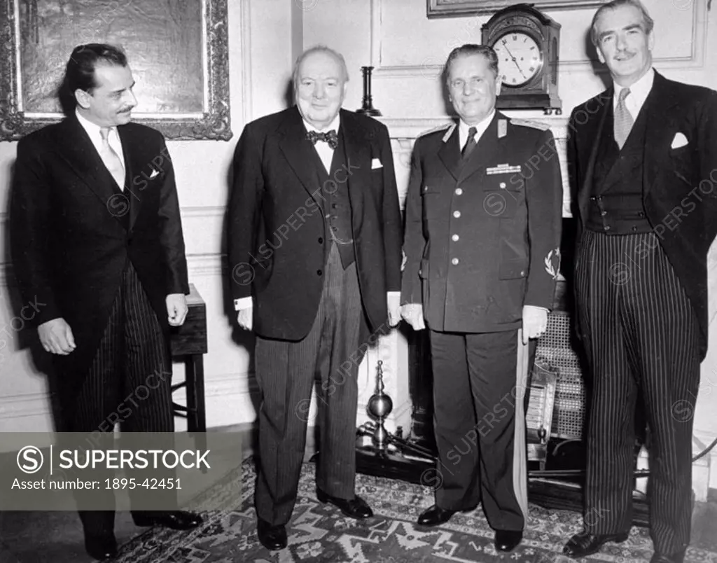 Official group taken at No 10 Downing Street after the arrival of President Tito. Those seen are (left to right): Popovic the Yugoslav Foreign Minist...