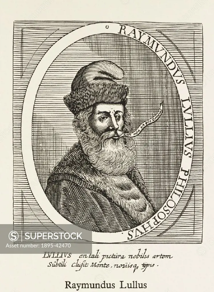 Engraving. Spanish nobleman Ramon Llull, also known as Raymond Lully (c 1232-1316), was born in Palma, Majorca. Following a miltary career Lully decid...