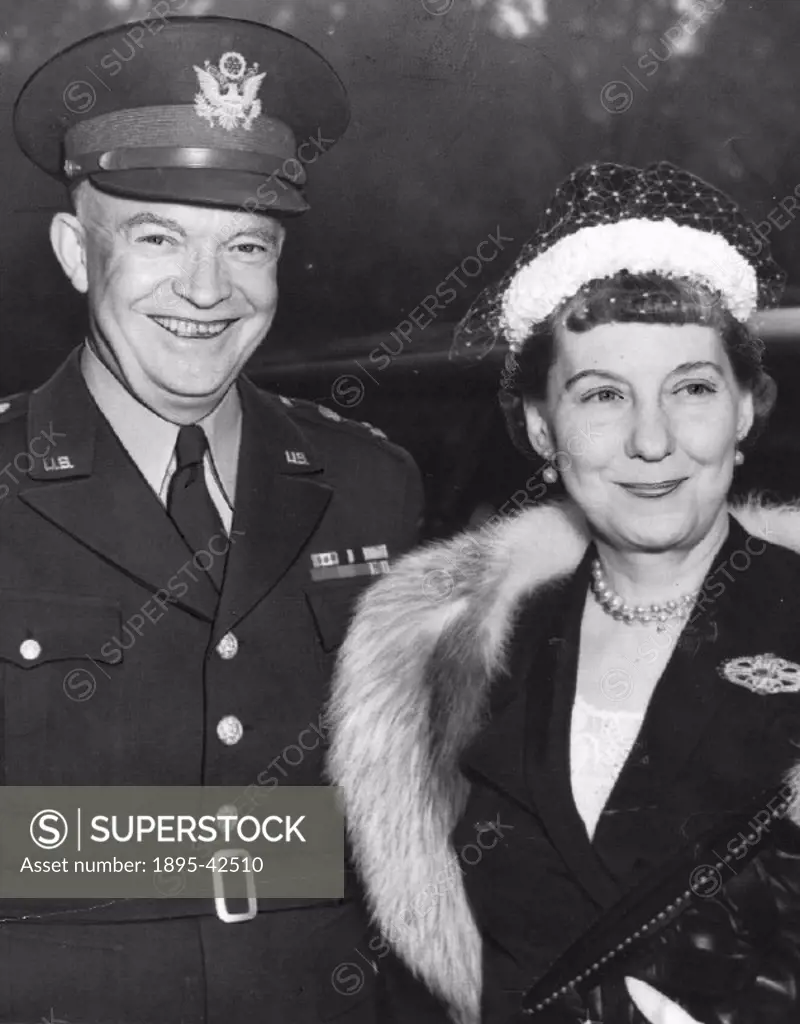 General Eisenhower says farewell. General Dwight Eisenhower, supreme commander allied forces in Europe, and Mrs Eisenhower pictured after they had lu...