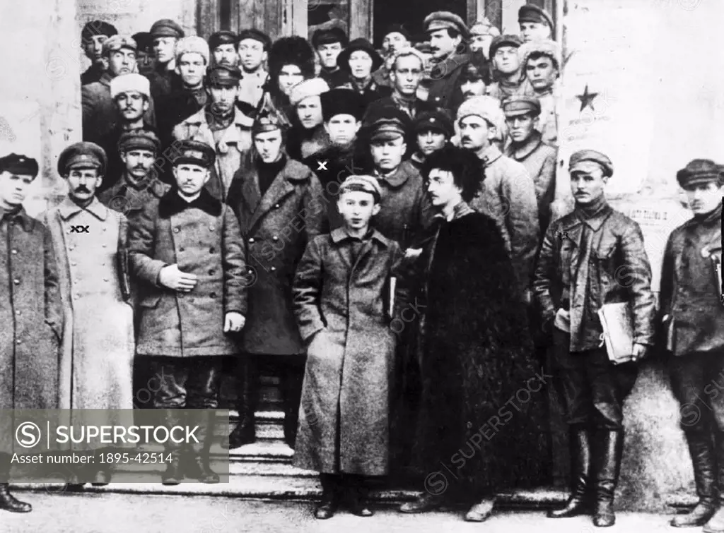 Prominent figures in the history of the USSR: Joseph Stalin (1879-1953), marked with two crosses, second left in the front row, Leon Trotsky (1879-194...