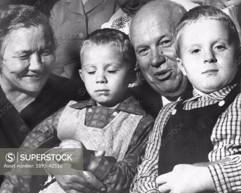 Khrushchev (1894-1971) with wife Nina, grandson Alexei, and grandson Nikita. Khrushchev was premier of the USSR between 1958 and 1964, and first secre...