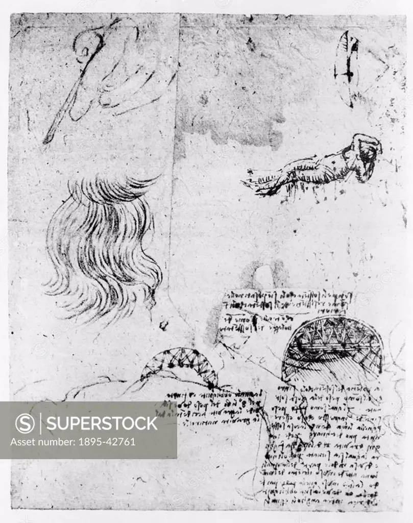 Sketch of a left hand, a body and a roof structure, 15th century Sketch taken from a notebook by Leonardo Da Vinci 1452-1519  Da Vinci was the most ou...