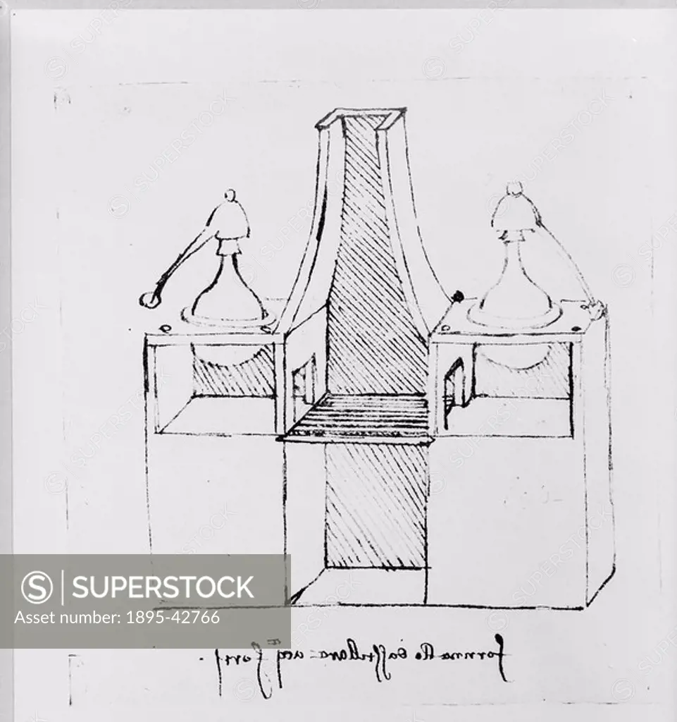 Furnaces for distilling aqua fortis nitric acid, 15th century Sketch taken from a notebook by Leonardo Da Vinci 1452-1519  Da Vinci was the most outst...