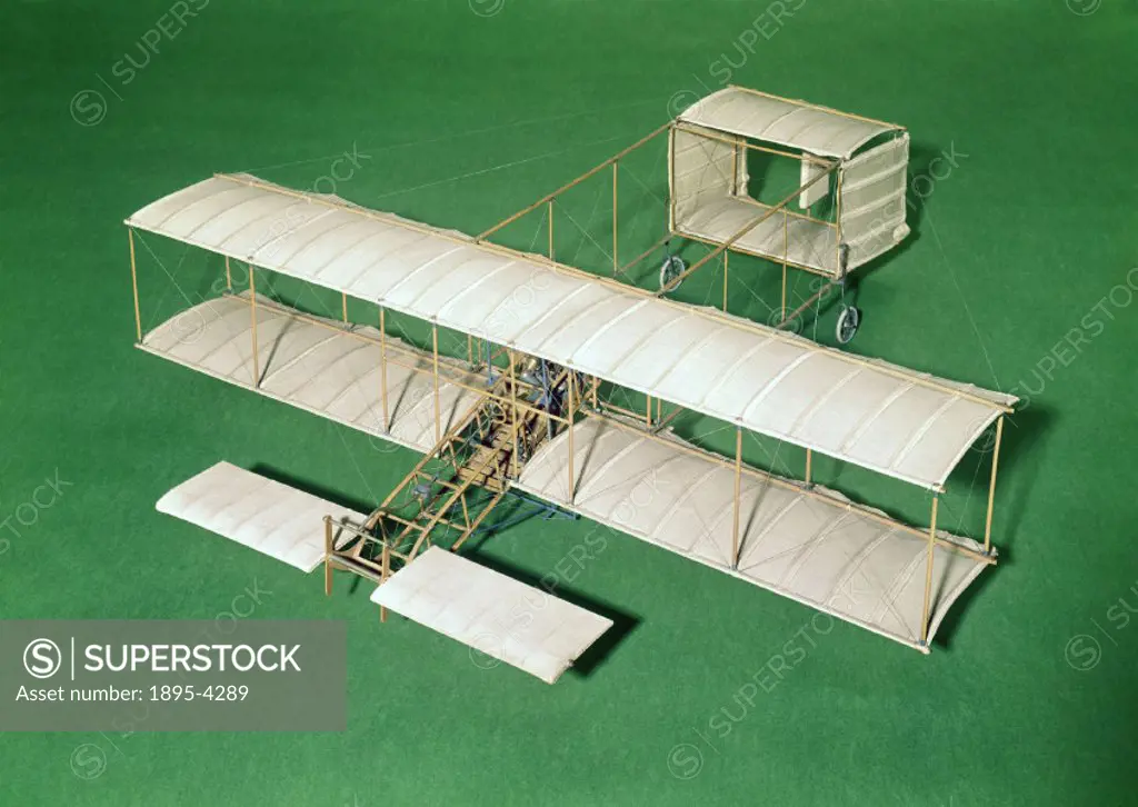 Model (scale 1:10). By 1908 the Voisin biplane was standardised in the form seen in this model. It has a forward elevator, biplane wings and a box-kit...
