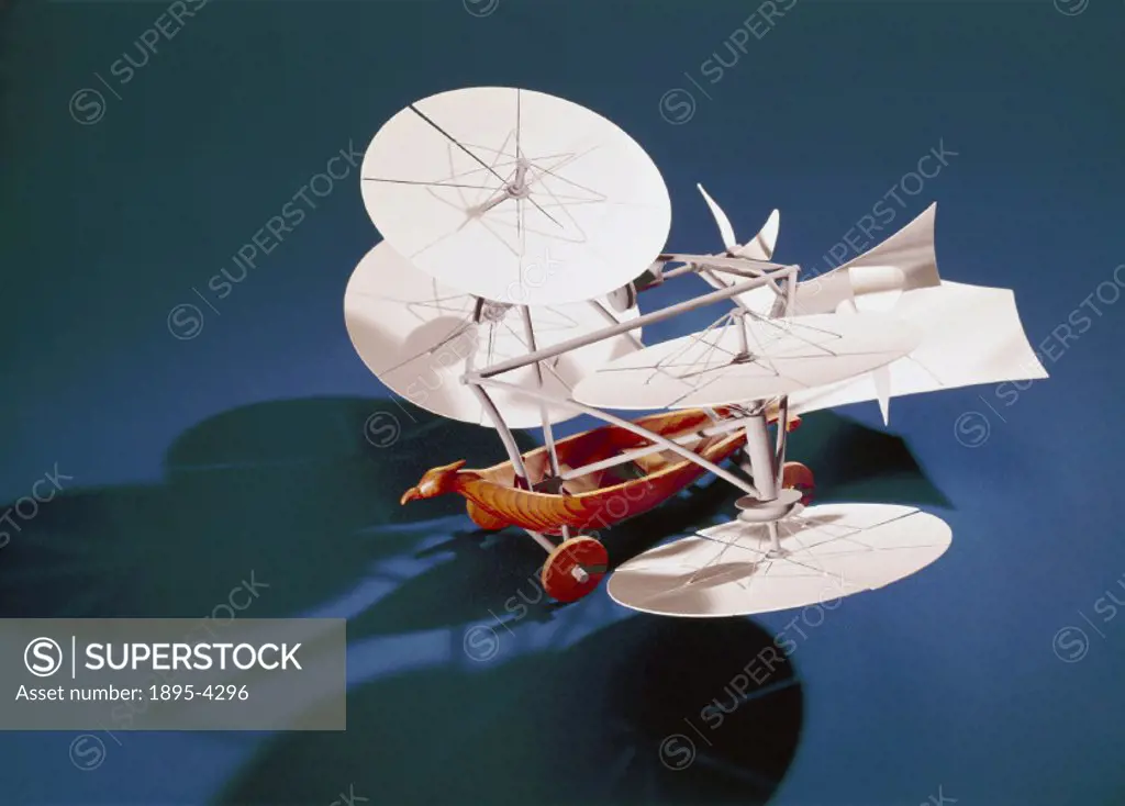 Model. English aviation pioneer, George Cayley (1771-1857) was responsible for designing the first man-carrying glider. This image shows his innovativ...
