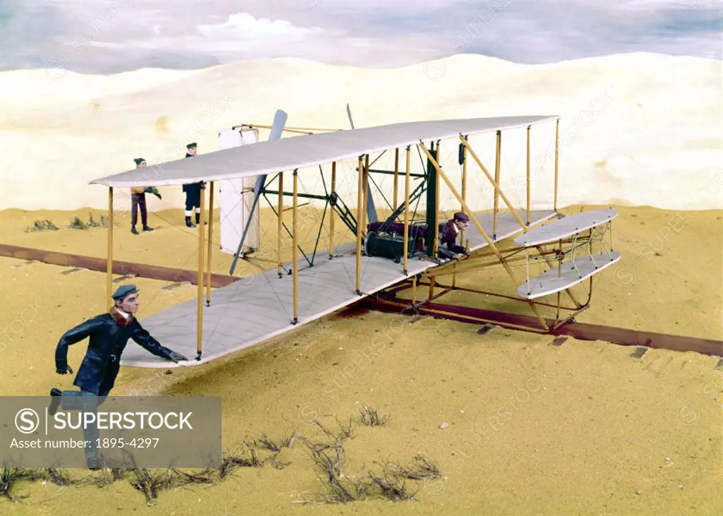 Diorama featuring a model (scale 1:10) of the aircraft in which Orville Wright (1871-1948) and Wilbur Wright (1867-1912) made the world´s first contro...