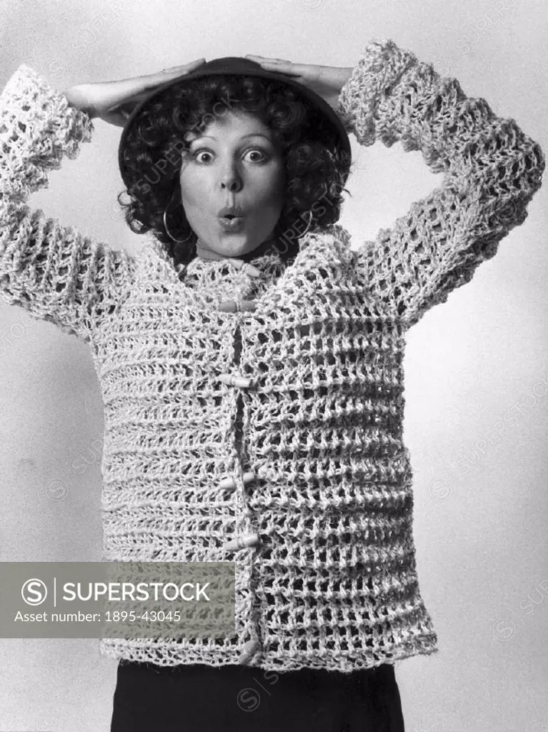 This crocheted string jacket with toggle fastenings was made as an “experimental garment” by fourth-year student Ruth Goodman.’