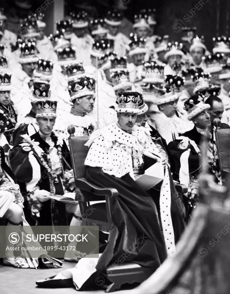 Prince Henry, 1st Duke of Gloucester (1900-1974) amongst an array of coronets during the coronation. The Duke of Gloucester was the third son of King ...