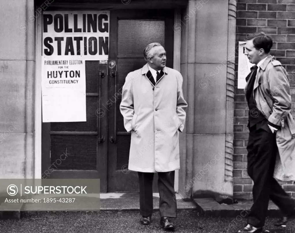 Harold Wilson visiting polling booth and committee rooms in Eccleston in the Huyton division. Wilson (1916-1995) was was one of the longest serving La...
