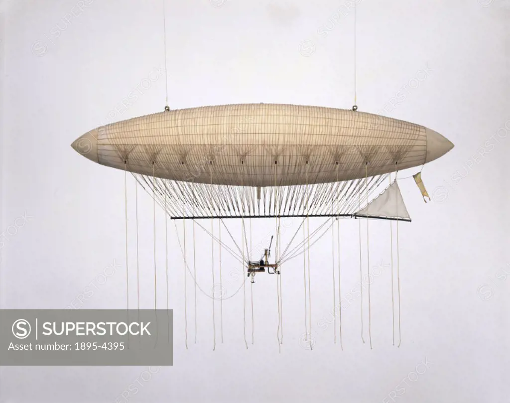 Model (scale 1:50). This dirigible was used in the first successful application of mechanical power to flight. The power unit was a single cylinder st...