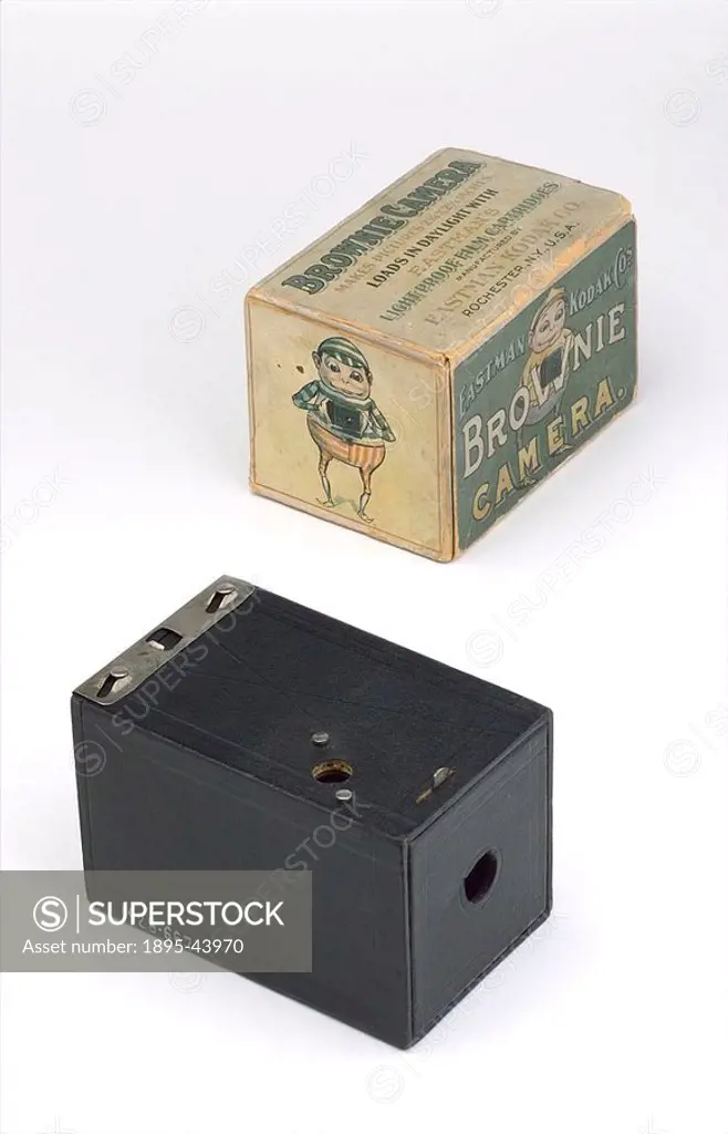 Kodak ´Brownie´ box camera with original cardboard packing carton, made by Eastman Kodak Co  The camera was literally a cardboard box with a wooden en...