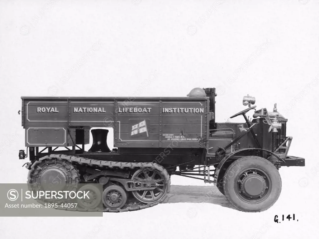 Truck with caterpillar tracks, made by Four Wheel Drive Motors Ltd. Designed for heavy service on rough ground, this example was used for lifeboat hau...