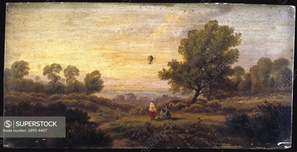 Oil painting on panel by B Cook showing a balloon with a gondola floating through a rural landscape in the early evening. The balloonists wave flags f...