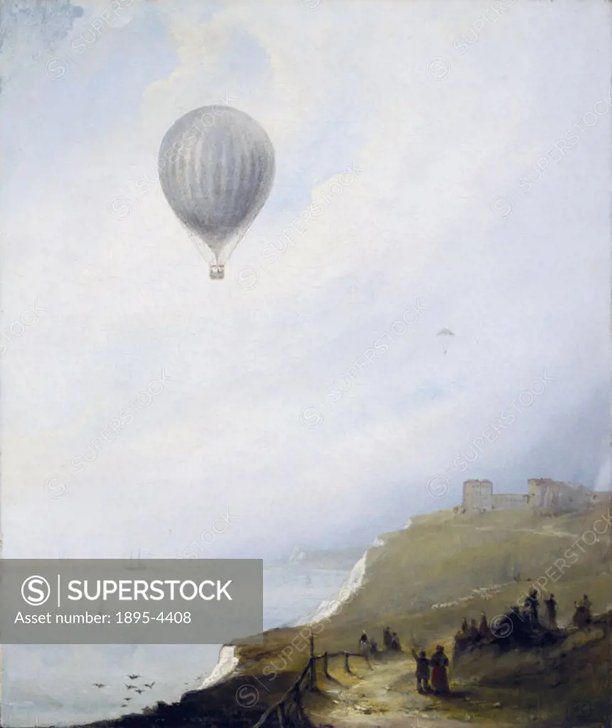 Oil painting signed with boxed monogram by E W Cocks, showing a balloon and a small parachute over the cliffs of Dover, Kent.