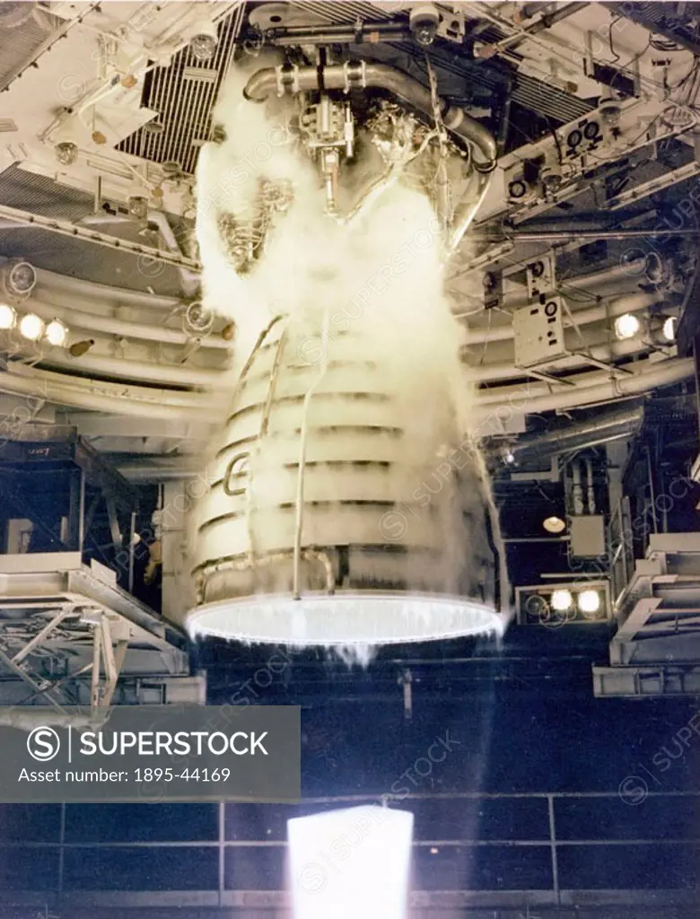 A space shuttle main engine undergoing a full power level 290.04 second test firing at the Stennis Space Centre in Mississippi. The firings were part ...