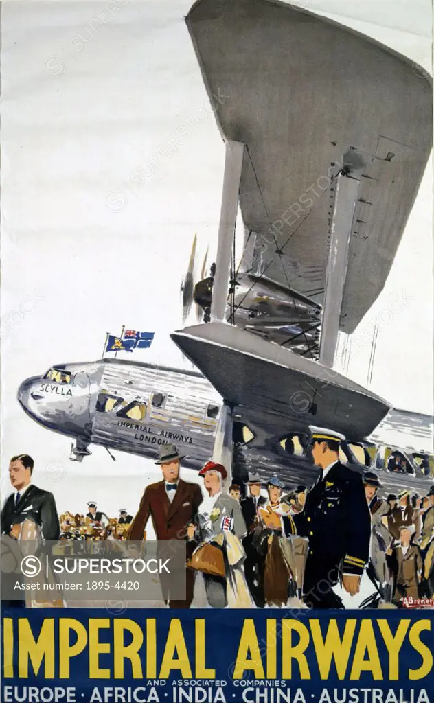 Poster produced for Imperial Airways with artwork by Albert Brenet, showing passengers alighting from a Short L17 ´Scylla´ biplane. This aeroplane wen...