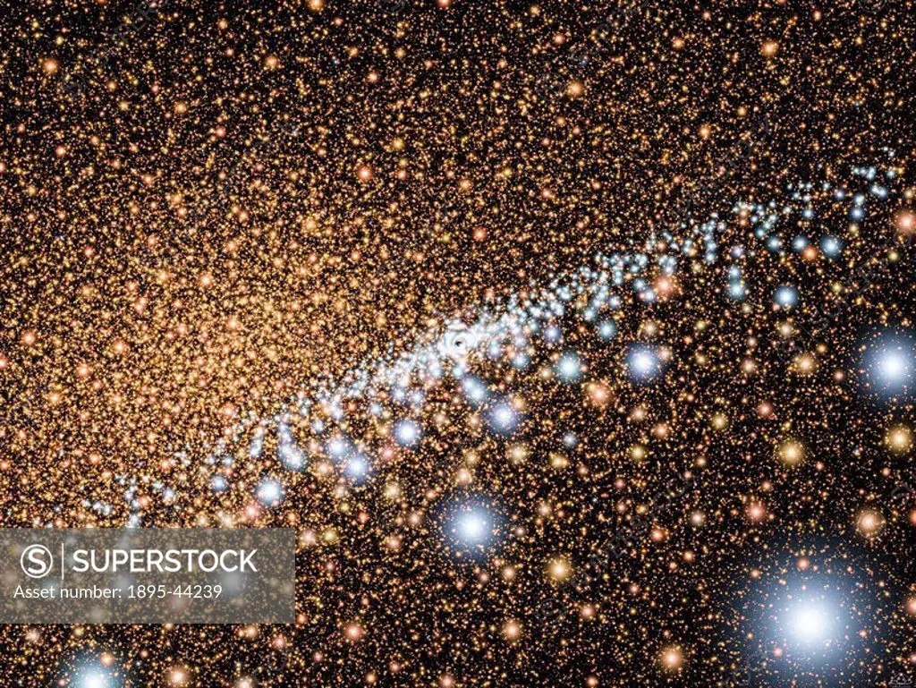 This artist´s concept shows a view across a mysterious disk of young, blue stars encircling a supermassive black hole at the core of the neighbouring ...